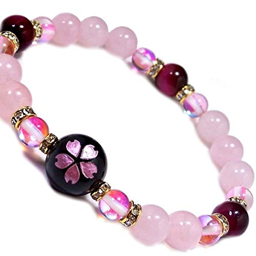 ピンク桜彫りオニキス 12mm×ピンクタイガーアイ×ローズクォーツ 8mm 天然石 ブレスレット お守り 厄除 運気UP パワーストーンのサムネイル