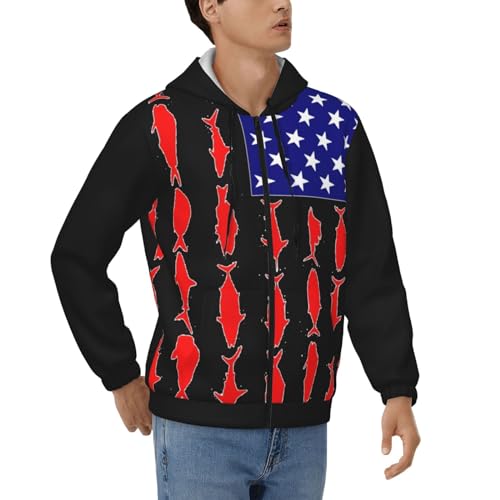 American Fish Flag Men Boy Hoodie Full-Zip Zip-Up Coat Hooded With Pocket