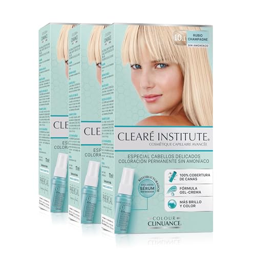 Clearé Institute | Colour Clinuance | Coloración Capilar Permanente Sin Amoniaco | Tinte de Pelo 100% Cobertura de Canas, Incluye Sérum Capilar | Método Curly |10.1 Rubio Champagne | Pack de 3