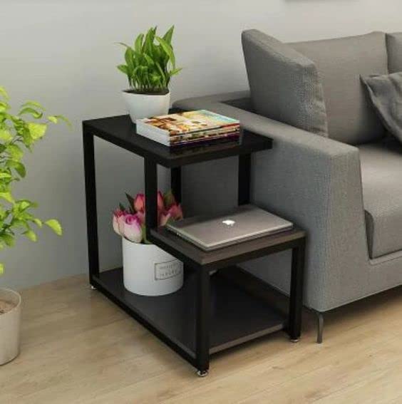 Image of 3-Tier Sofa Side Table, Nightstand with Storage Shelf, Sturdy Metal Frame, Ladder-Shaped Chair Side Table, Tabletop Storage Shelf for Living Room or Bedroom /Black