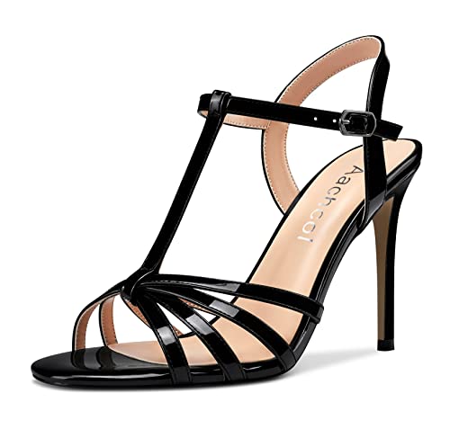 Aachcol Damen T-strap Sandalen Stiletto Hoher High Absatz Heel Peep Open Zehenkappe Slingback Knöchelriemen Schuhe 10 CM Schwarz Lackleder 38 EU