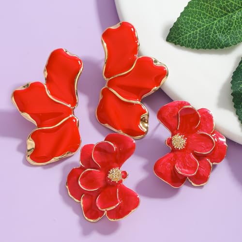 2 Pairs of Red Flower Petal Dangle Earrings for Women, Unique Irregular Floral Design Earrings, Cute Trendy Jewelry Set for Party Wedding Gift2