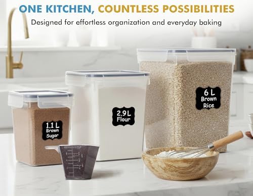 Shazo Flour Sugar Storage Containers Set of 3 (6L, 2.9L, 1.1L) Large Airtight Food Storage Containers with Lids, BPA-Free Plastic Container for Kitchen & Pantry Organizers, Cereal, Rice & Pasta - Thumbnail 3