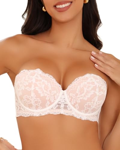 Image of Strapless Bra Push Up Lace Padded Convertible Multiway Underwire Bras Add 1 Cup