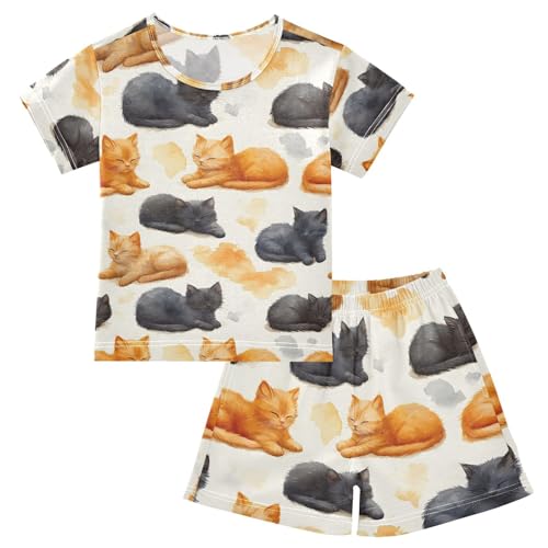 ALAZA Sleeping Cat Kitten Pajamas Set Short Sleeve Cotton Sleepwear Summer Pjs 2 Piece 5-14Y