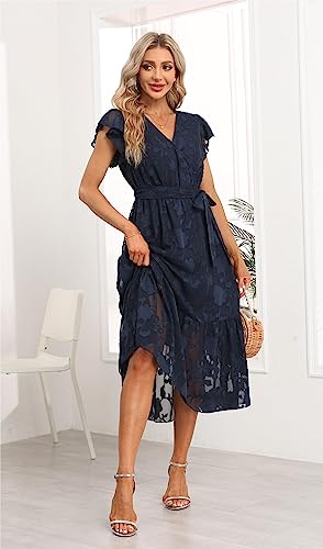 Image of VintageClothing Womens Sundress Casual Floral Summer Boho Dress | Flowy Wrap V Neck Ruffle A-Line Pleated Hem Midi Dresses