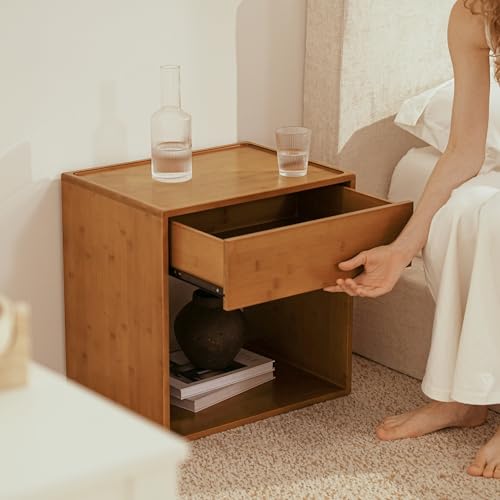 Image of RECCI Solid Bamboo Nightstand, Sustainable Curved Classic Mid-Century Modern Wood Bedside Table with Soft-Close Drawer, Handle-Free Design, Open Shelf Storage, No Assembly Required (Walnut)