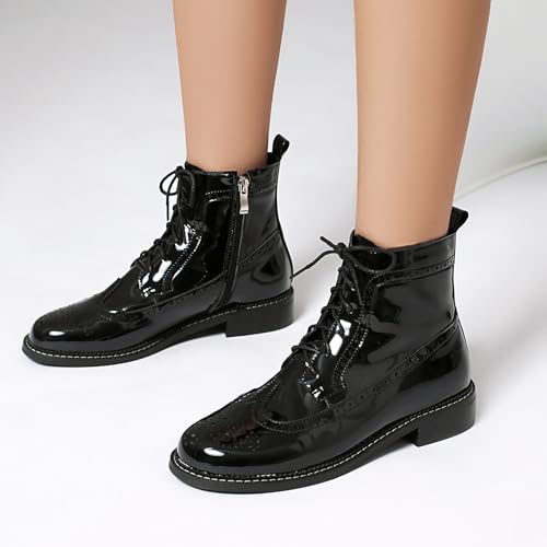 Women's Patent Leather Wingtip Brogue Combat Boots - Chunky Low Heel Lace-Up Oxford Boots Round Toe Hollow Out Design Comfortable Fashion Footwear 5