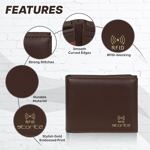 Image of Storite Men's RFID Blocking Leather Wallet Slim Bifold Wallet for Men with Multiple Card Slots, Cash Compartment, Stylish Brown Everyday Wallet - Dark Brown