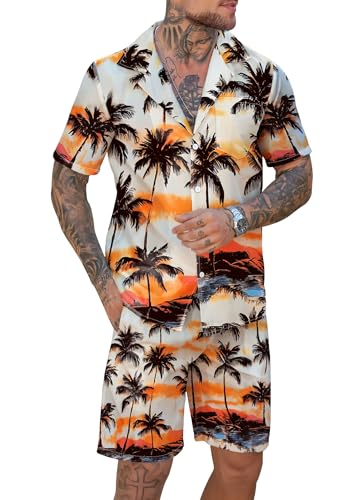 Men's Vacation Beach Outfits 2 Piece Shorts Set Tropical Floral and Palms Hawaiian Button Down Shirt and Shorts