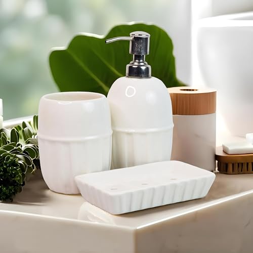 Image of Ceramic Bathroom Accessories Set for Utility and Bathroom Decor | Liquid Soap Dispenser, soap Tray, Toothbrush Holder (Exclusive Bathroom Set) (White)