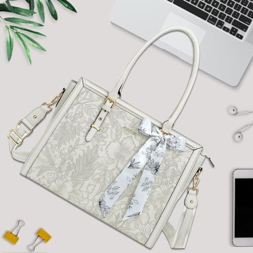 Image of MOSISO Laptop Bag for Women, PU Leather Tote Bag, Front Embossed Retro Hibiscus Computer Bags with Silk Scarf&Clutch Purse