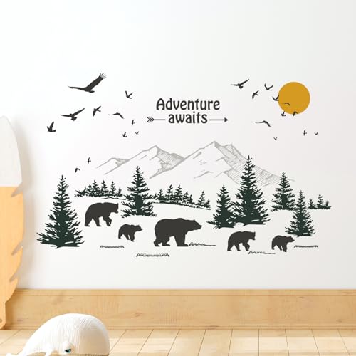 Tanlaby Mountain Forest Bear Wall Stickers, Woodland Pine Tree Animal Inspirational Quotes Wall Decals