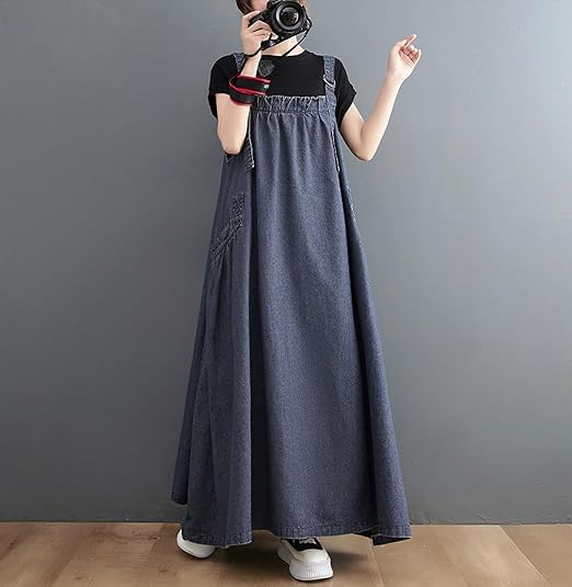 Image of Boho Jumper Dress for Women Loose Version Baggy Style Maxi Length Adjustable Straps Wide Hemline Overall Dresses