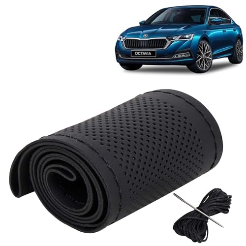 Image of KINGSWAY PU Leatherite Car Steering Cover Sewable Compatible with Skoda Octavia (Year 2021 Onwards), Black Color with Black Thread, Pack of 1 with Sewing Needle and Thread