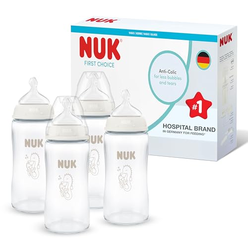 NUK First Choice Biberon | 3+ mesi | 240 ml | Biberon anti-colica | Vetro | Indicatore di controllo della temperatura | Cavalluccio marino | Confezione da 4