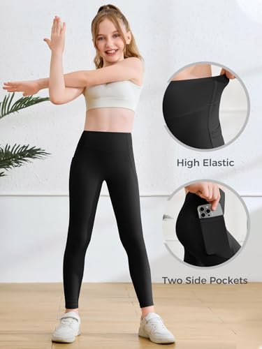 Haloumoning Girls Athletic Leggings with Pockets Kids High Waist Active Tights Dance Running Yoga Pants 5-14 Years3