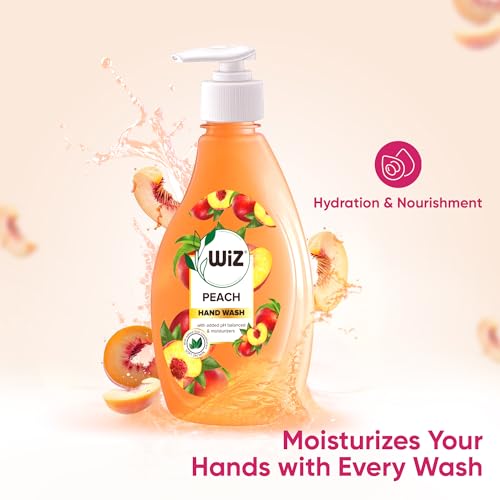 Image of Wiz Peach Handwash Liquid Soap Dispenser Bottle - 450ml (Pack of 4)| Germ Protection | Hand Wash with Added pH-Balanced & Moisturizers for Soft & Gentle Hands | Suitable for all Skin Types