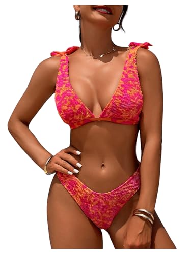 GORGLITTER Women's Floral Bow Triangel Bikini Set Summer Swimsuit High Waisted Smocked Beach Bathing Suit 2025