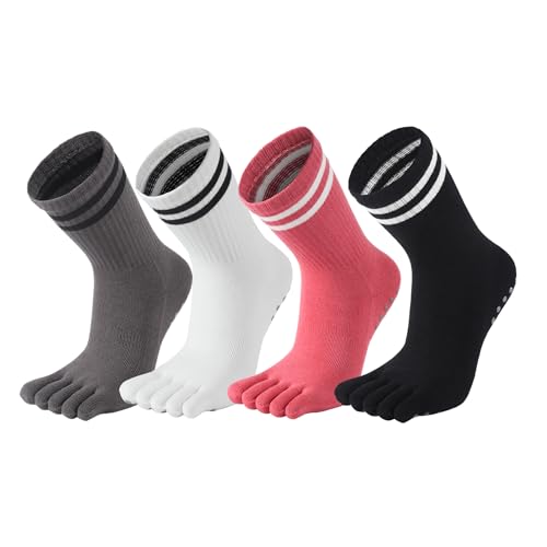 4Pairs Grippy Yoga Socks for Women – Full Toe Cotton Crew Pilates Socks with Non Slip Sticky Grip Bottom,Nice Gifts for Yoga,Barre,Pilates,Dance,Exercises and indoor walking.(Black/Pink/Grey/White)