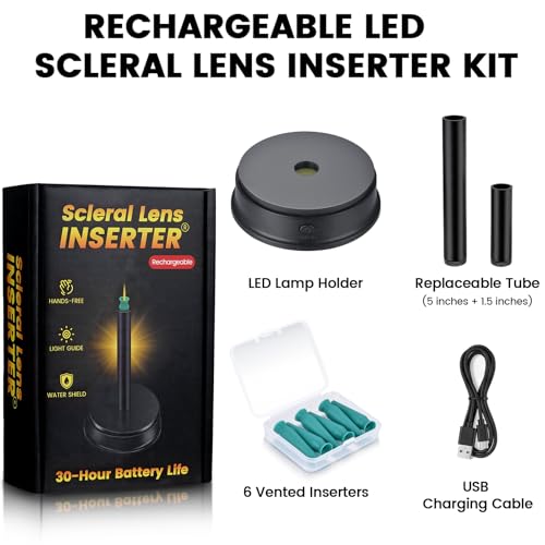 Image of Rechargeable LED Scleral & RGP Contact Lens Inserter Kit - Hands-Free Lighted Stand with 2 Interchangeable Tubes & 6 Vented Scleral Sticks, USB Charging, BPA-Free Lens Application Tool