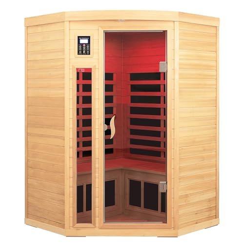 SALUSHEAT Far Infrared Wooden Sauna Room, 2-3 Person Home Sauna Canadian Hemlock Indoor Corner Sauna...