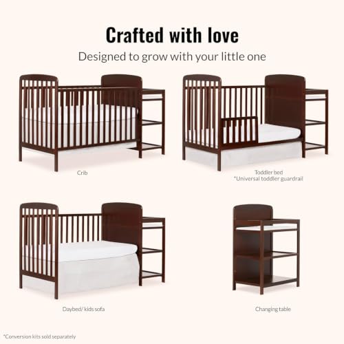Image of Dream On Me Anna 3-in-1 Full-Size Crib and Changing Table Combo in Espresso, Greenguard Gold Certified, Non-Toxic Finishes, Includes 1 inch Changing Pad, Wooden Nursery Furniture