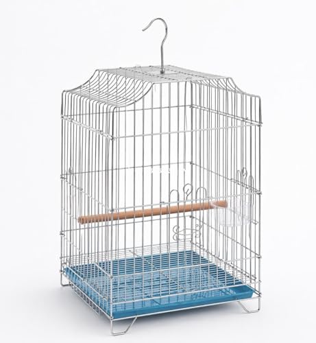 Image of Rizopets Hanging Bird Cage with Chrome Wire, Blue Plastic Tray, Wooden Perch and Feeding Cup, 13.5 x 13.5 x 20 INCHES