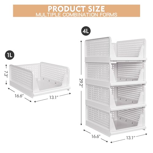 4 Pack Stackable Closet Storage Basket - Stackable Storage Bins, Multifunctional & Foldable Closet Organizer, Wardrobe Cupboard Space-Saving Clothes Storage Hat Organizer, White - Image 3