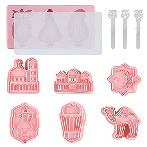Eid Mubarak Cookie Cutters 3D Ramadan Islamic Muslim Biscuit Mold + Homemade Ice Pop Molds Popsicle Ice Cream Bar Mold for Eid Mubarak Decor Muslim Party Supplies (7PCS)