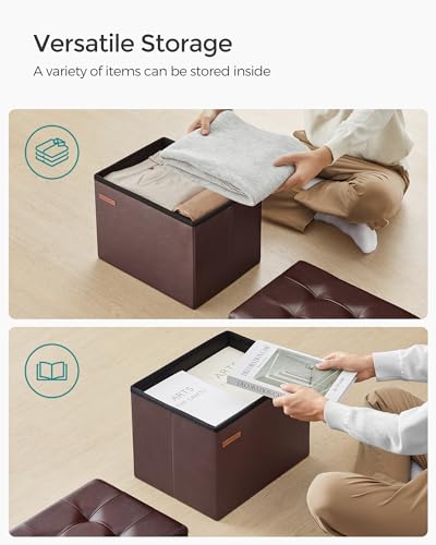 Image of SONGMICS Small Folding Storage Ottoman, Foot Rest Stool, Cube Footrest, Synthetic Leather, 12.2 x 16.1 x 12.2 Inches, 286 lb Capacity, for Living Room, Bedroom, Dorm, Chestnut Brown ULSF100K02
