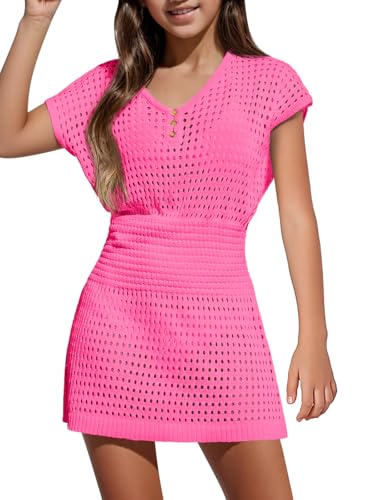 Image of Haloumoning Girls Crochet Swim Beach Cover Up Kids Fashion Button Short Sleeve Swimsuits Cover Ups 5-14 Years