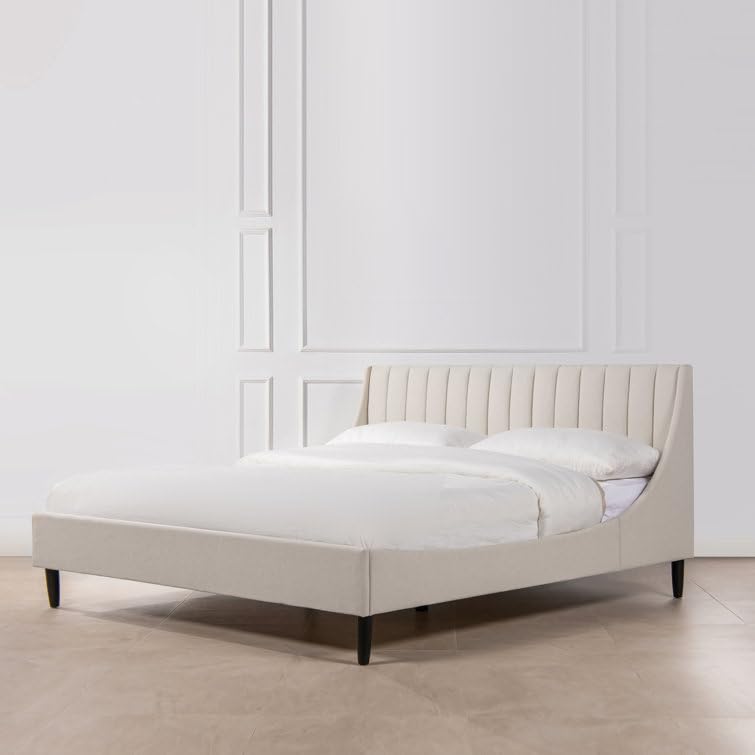 Image of HITHOS Solid Wood Modern Upholstered Queen Size Bed with Wingback Headboard | Wooden Double Bed Cot Palang Without Storage (Cream) 1 Year Warranty