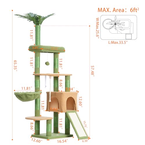 Heybly Árvore para gatos, torre para gatos de 166 cm para ambientes internos, condomínio com folhas,