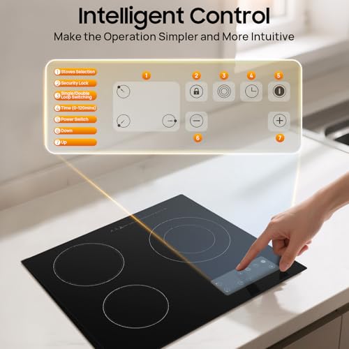 Image of 3 Burners Electric Cooktop 24 Inch Countertop & Built-in Electric Stove Top 110V 2600W Ceramic Cooktop Portable with Child Safety Lock & LCD Control Panel, 9 Heating Level (No Plug)