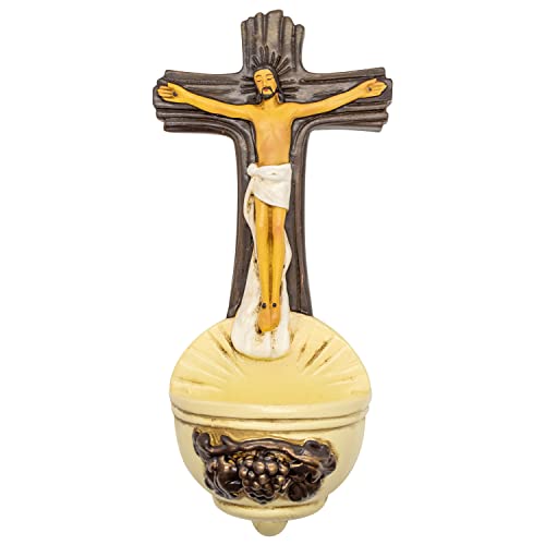 VILLAGE GIFT IMPORTERS - Crucifix Holy Water Font | Catholic Wall Art for Home | Great Christian Gift for Baptism, First Holy Communion, Confirmation, Weddings | Add to Prayer Space