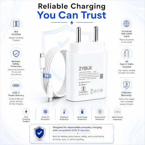 Image of ZYBUX 25W Type-C PD Superfast Charger with 1M Type-C Cable Compatible for Samsung Galaxy Phone M17|M17e|M36|M35|M16|M56| M06|M05|M15|A57|A17|A36|A56| A06|A16|A55|A35, Other Type-c Devices | White