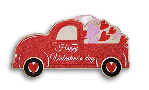 Happy Valentine's Day Truck Glittery Red Decor Sign with Ribbon Hanger - 15.5 x 8 Inches