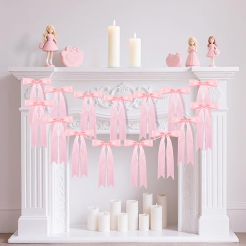 Image of Pink Bow Garland for Party Decorations - 6.6ft x 2 Pre-Strung Hanging Banners for Coquette Birthday, Bridal Shower, Wedding, Engagement, Bachelorette, Women Girl Baby Shower Supplies