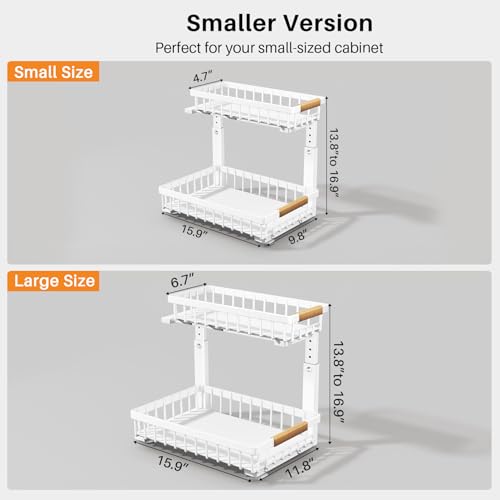 Image of PXRACK Under Sink Organizer, Adjustable Height, 2 Tier Pull Out Under Cabinet Organizer, Slide Out Thickened Metal Under Sink Storage for Kitchen Bathroom Laundry Pantry Cabinet, White, Small-1-Pack