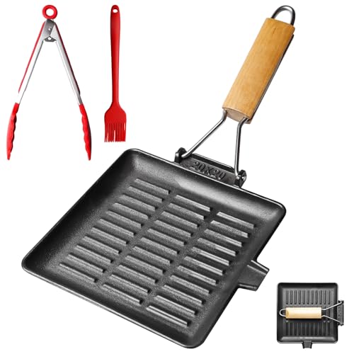 Behogan Sartén Parrilla de Hierro Fundido 20x20cm con Mango Desmontable, Sartén Cuadrada para Parrilla y Asado, Fácil de Limpiar, Compatible con Todas las Cocinas, Negra, Pinza de Silicona
