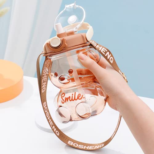 Yanyan Botella de agua grande con forma de oso Kawaii con popote y correa, sin BPA, 1000 ml/1400 ml, botella de agua a prueba de fugas, cubierta de bloqueo para gimnasio, escuela y exteriores (marrón,