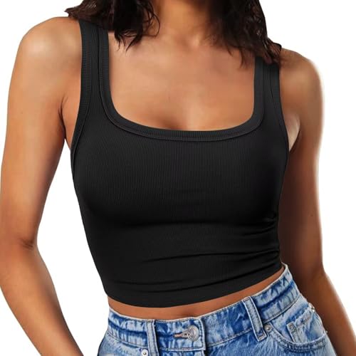 RIROW Damen Ärmelloses Tank Top Slim Fit Quadrat-Ausschnitt Geripptes Basic Oberteil M Schwarz