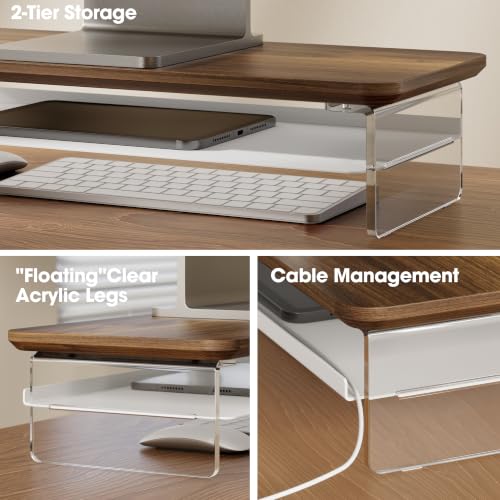 Image of Fenge 23.6 inch Dual Monitor Stand with Clear Acrylic Legs, Brown | Clear Acrylic, Storage Compartment, 2-tier Home Office Monitor Riser, Desktop Shelf Fit Monitor /Laptop /Printer