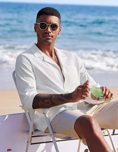 Image of DEELMO Mens Casual Button Down Shirt Summer Beach Shirts Long Sleeve Cuban Collared Tropical Textured Shirts