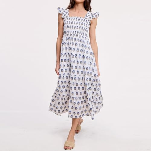 Image of Women Patchwork Dress Y2k Floral Puff Short Sleeve Maxi Dress Summer Boho Smocked Tiered Ruffle Beach Sundress