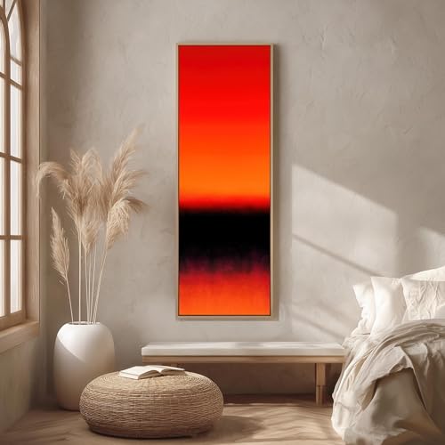 Tableau abstrait vertical rouge et noir sur toile de lin imprimée style galerie minimaliste