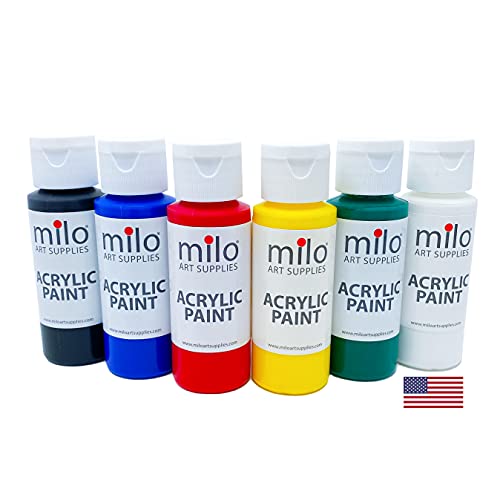 milo Acrylic Paint Set of 6 Colors | 2 oz Bottles | Student Primary Colors Acrylics Painting Pack | Made in the USA | Non-Toxic Art & Craft Paints for Artists, Kids, & Hobby Painters