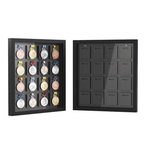 Image of 16 Medals 3D Large Medal Display Case, 19x17.5 Inch Medals Display Case Shadow Box Frame with 98% UV Protection Glass Cover for Runners Marathon Triathlon Soccer Gymnastics All Sports