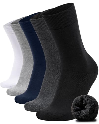 FuelMeFoot 5 Pairs Thermal Cotton Crew Socks for Men - Thick Warm Winter Socks For Hiking, Work, Gifts